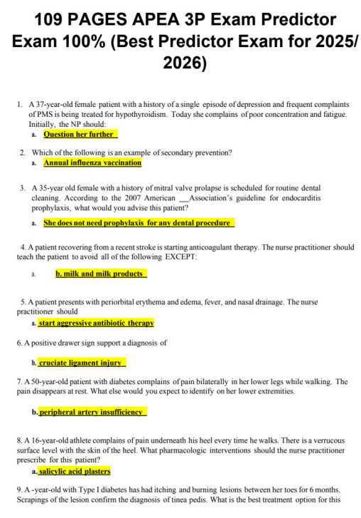 Best APEA 3P Exam Predictor 2025/2026 | 109 Pages, 500 Questions & Correct Answers with Rationales - Image 2